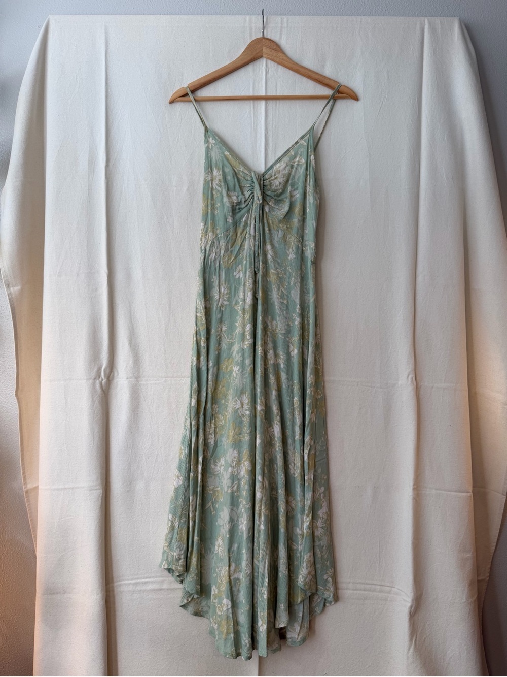 Floral Sage Green Midi Slip Dress with Spaghetti Straps